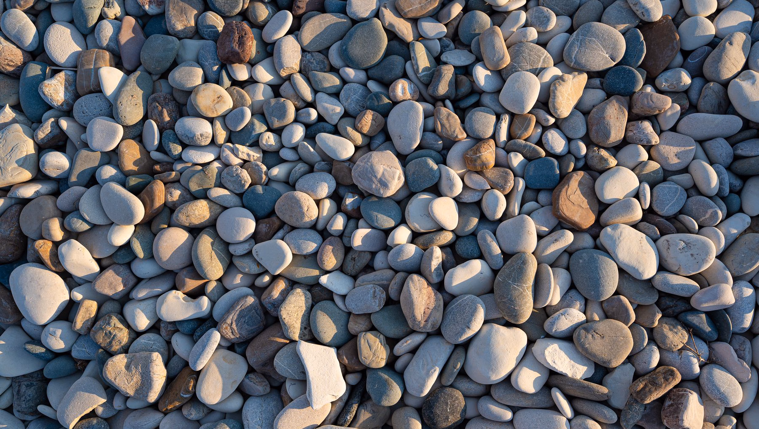 Sun-warmed beach pebbles in raking evening light, carrying chalk, greige, ochre, rust and graphite tones