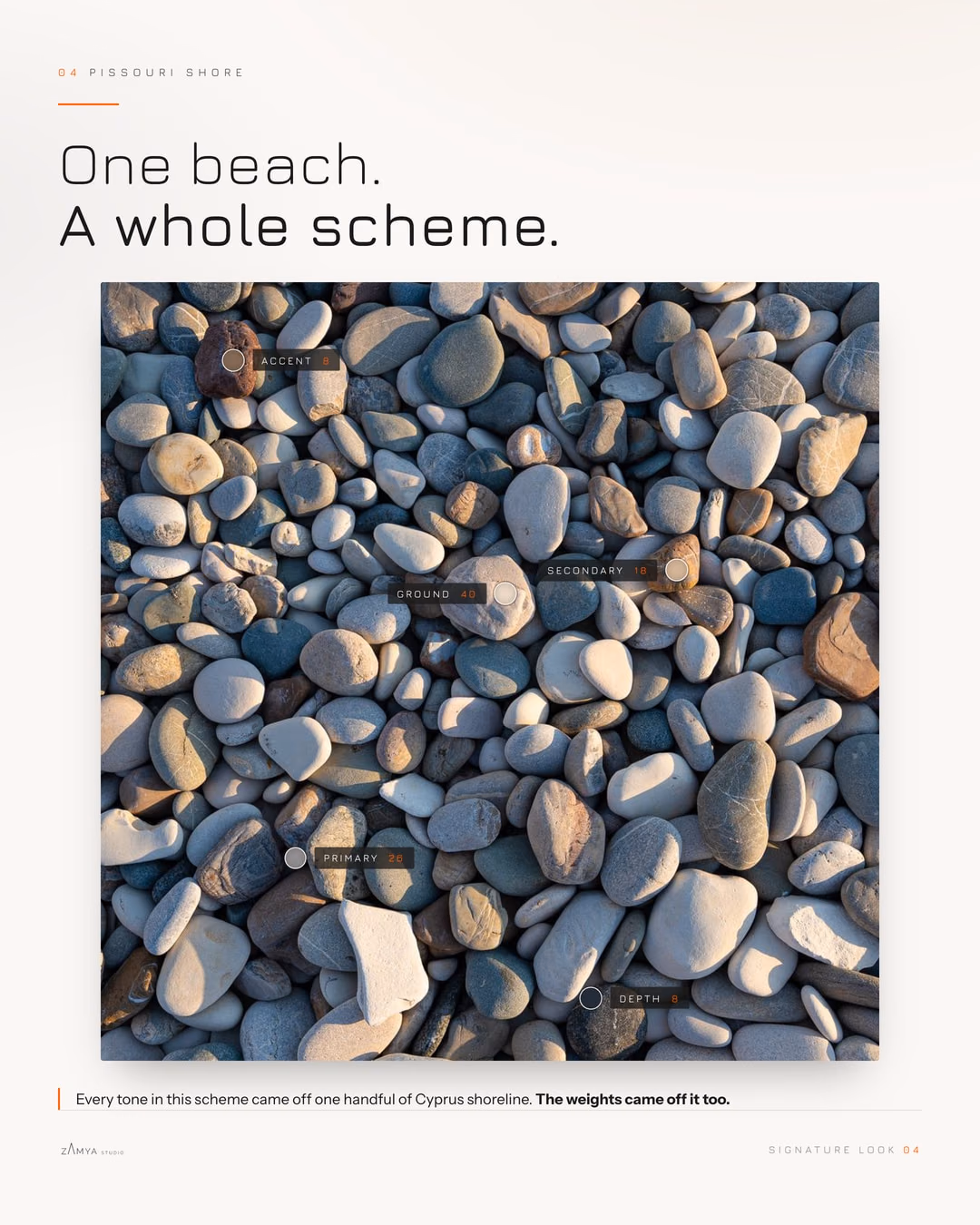 Beach pebbles with the five palette tones marked directly on the stones