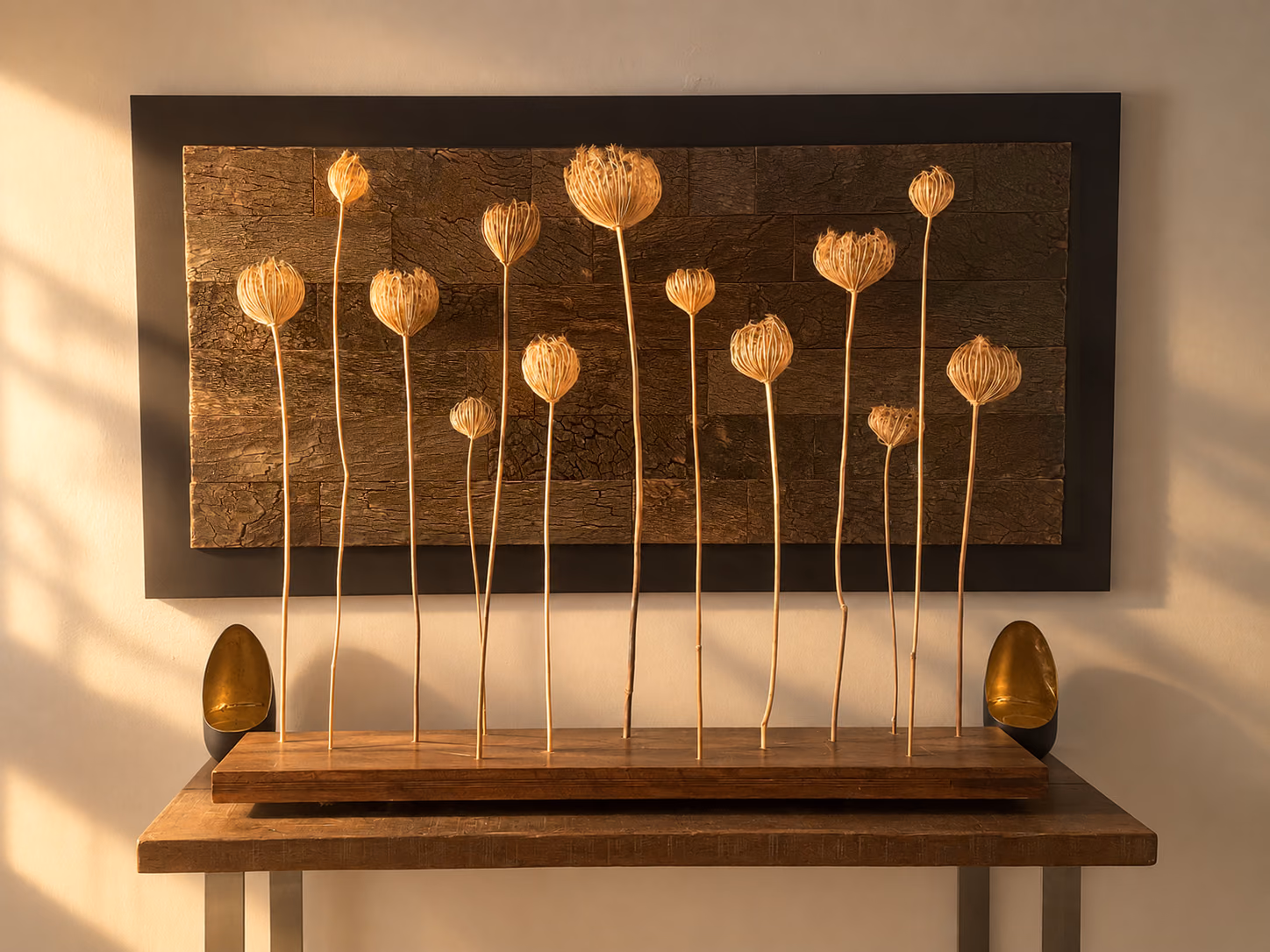 Dried wild carrot stems on a plain wooden base against a cork bark panel, backlit by late afternoon sun