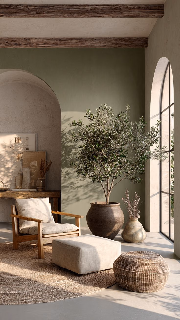 A sunlit living corner with an olive tree in a terracotta pot, a light-wood armchair with linen cushions, a jute rug and woven pouf, against a sage-green plaster wall.